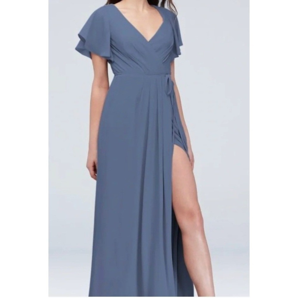 David's Bridal Bridesmaid Dress 4 Steel Blue Flutter Sleeve Wrap Dress 20059